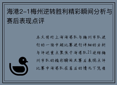 海港2-1梅州逆转胜利精彩瞬间分析与赛后表现点评